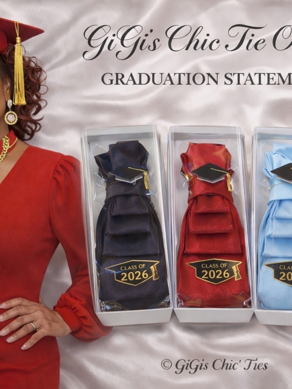 GiGi's Chic' 2026 Graduate Statement Ties  (Navy, Red, Light Blue, various)